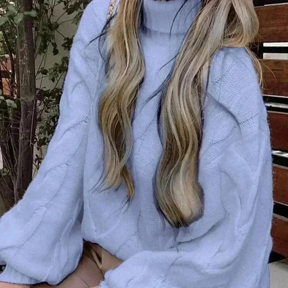 Sweaters - Blue Casual Women's High Collar Sweater